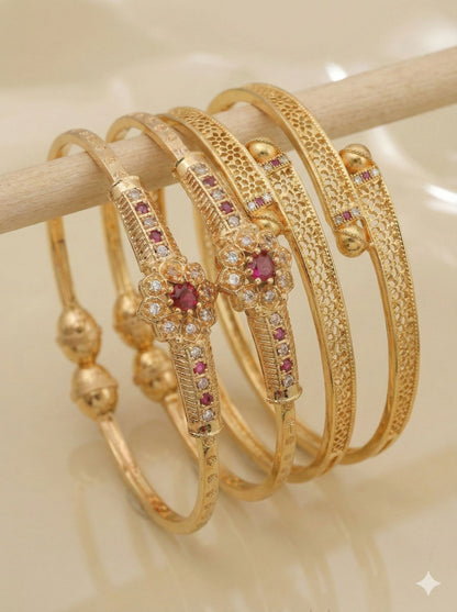 Micro Gold Plated And Diamond Studded Floral Designer Bangle Set (Pack Of 2)