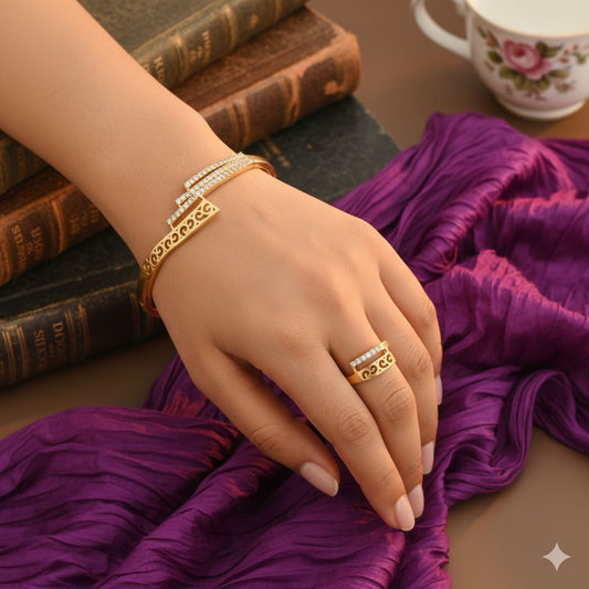 Micro Gold Plated And Diamond Studed Fancy Adjustable Barcelet with Ring