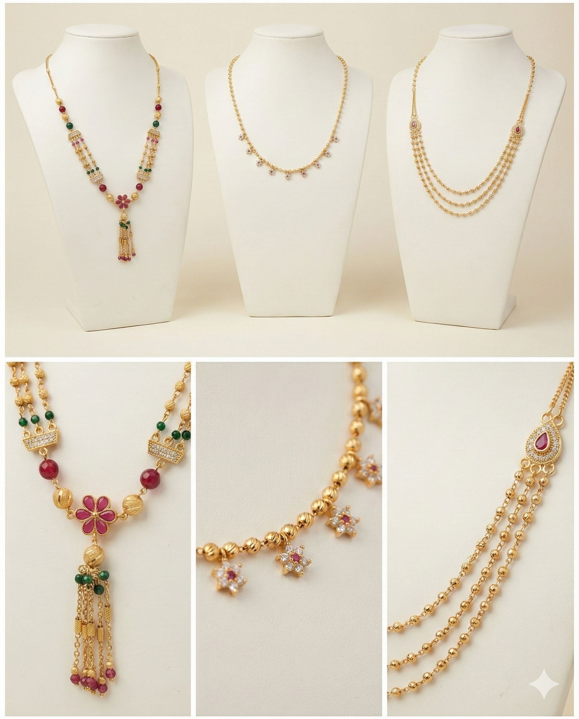 Micro Gold Plated Ruby–Emerald Floral Layered 3 Chain Combo