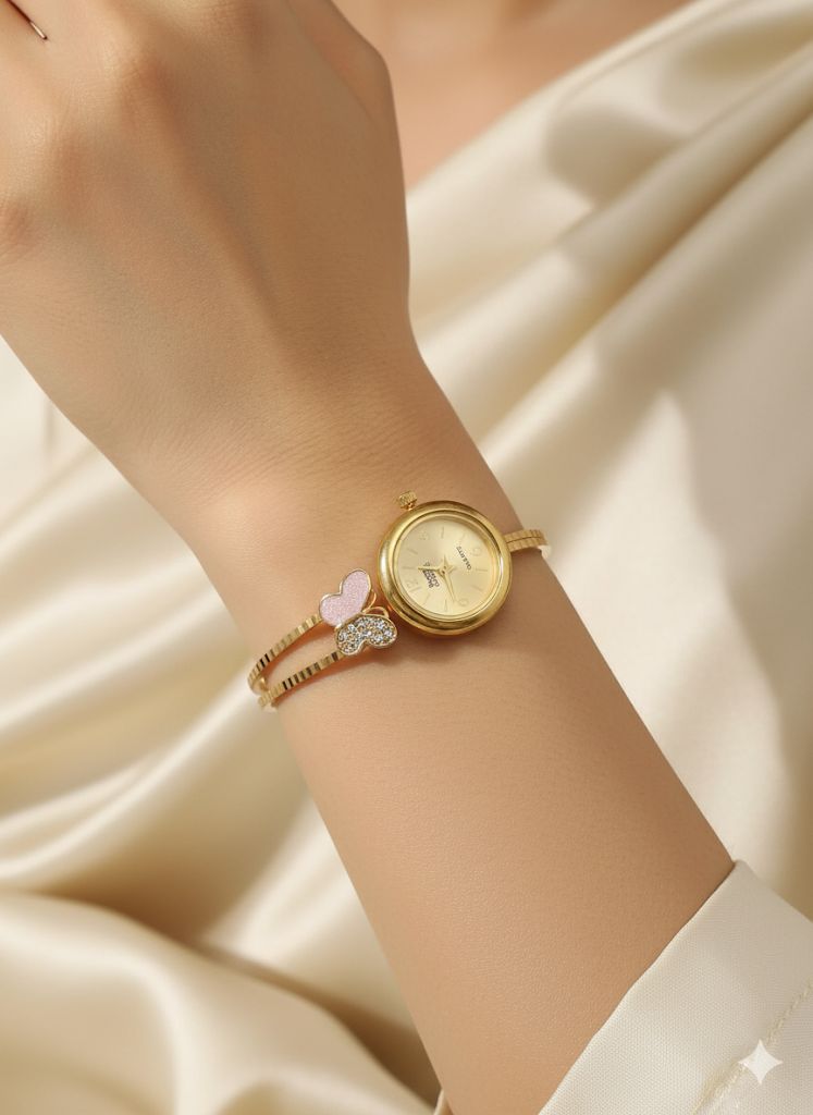 Micro Gold Plated And Diamond Studded Fancy Butterfly Adjustable Bracelet Watch