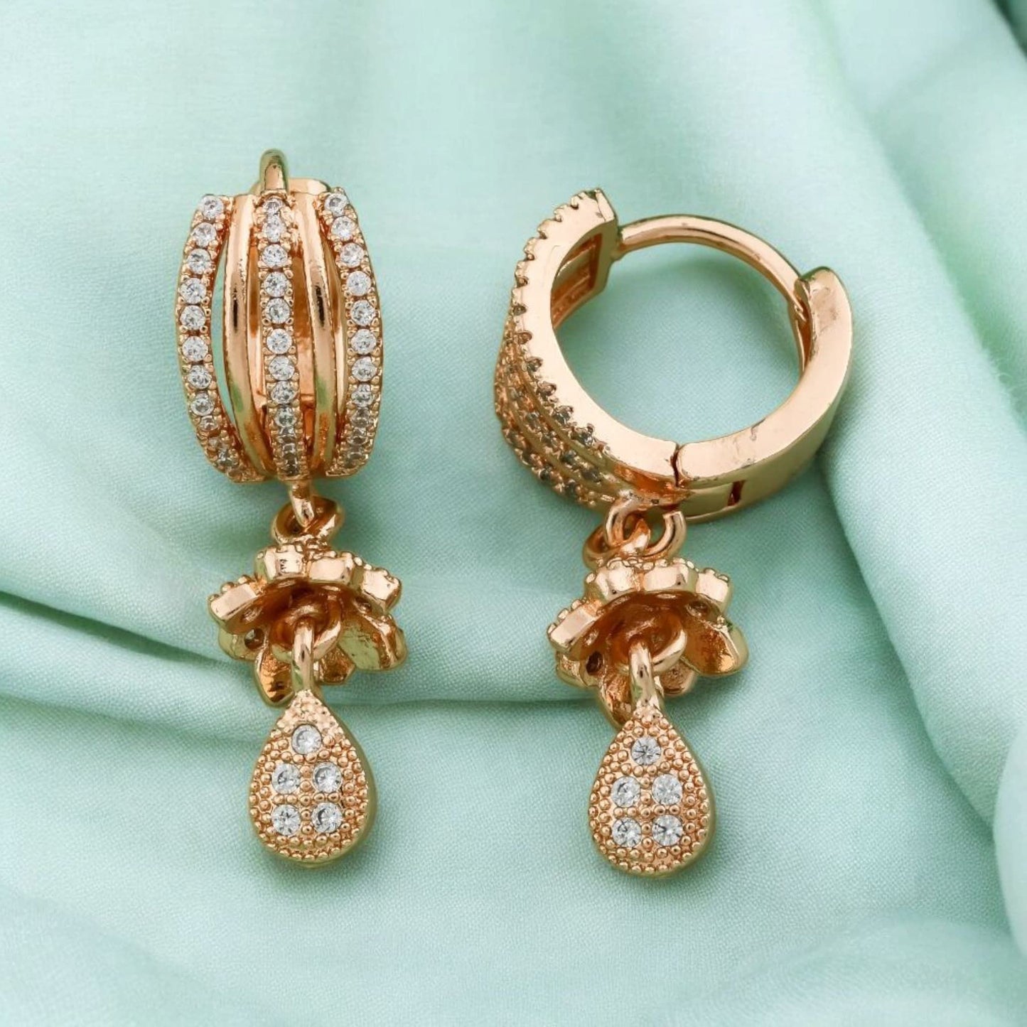 Stylish Designer Rose Gold Finish And Diamond Hanging Bali Earrings For Women