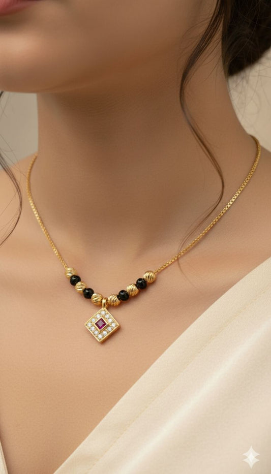 Elegant Ruby Square Charm Gold-Plated Mangalsutra Necklace