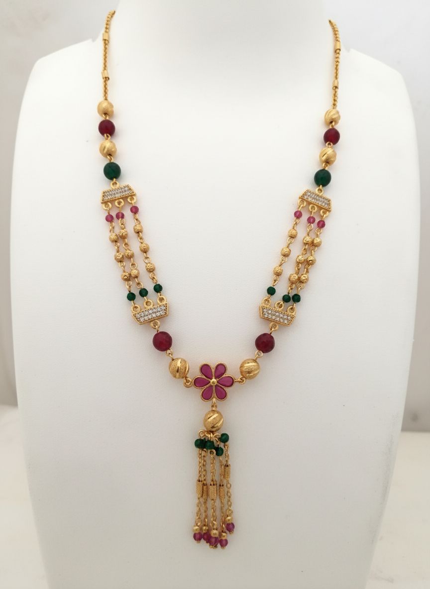 Golden Ruby And And Diamond Floral Pendant Chain For Women