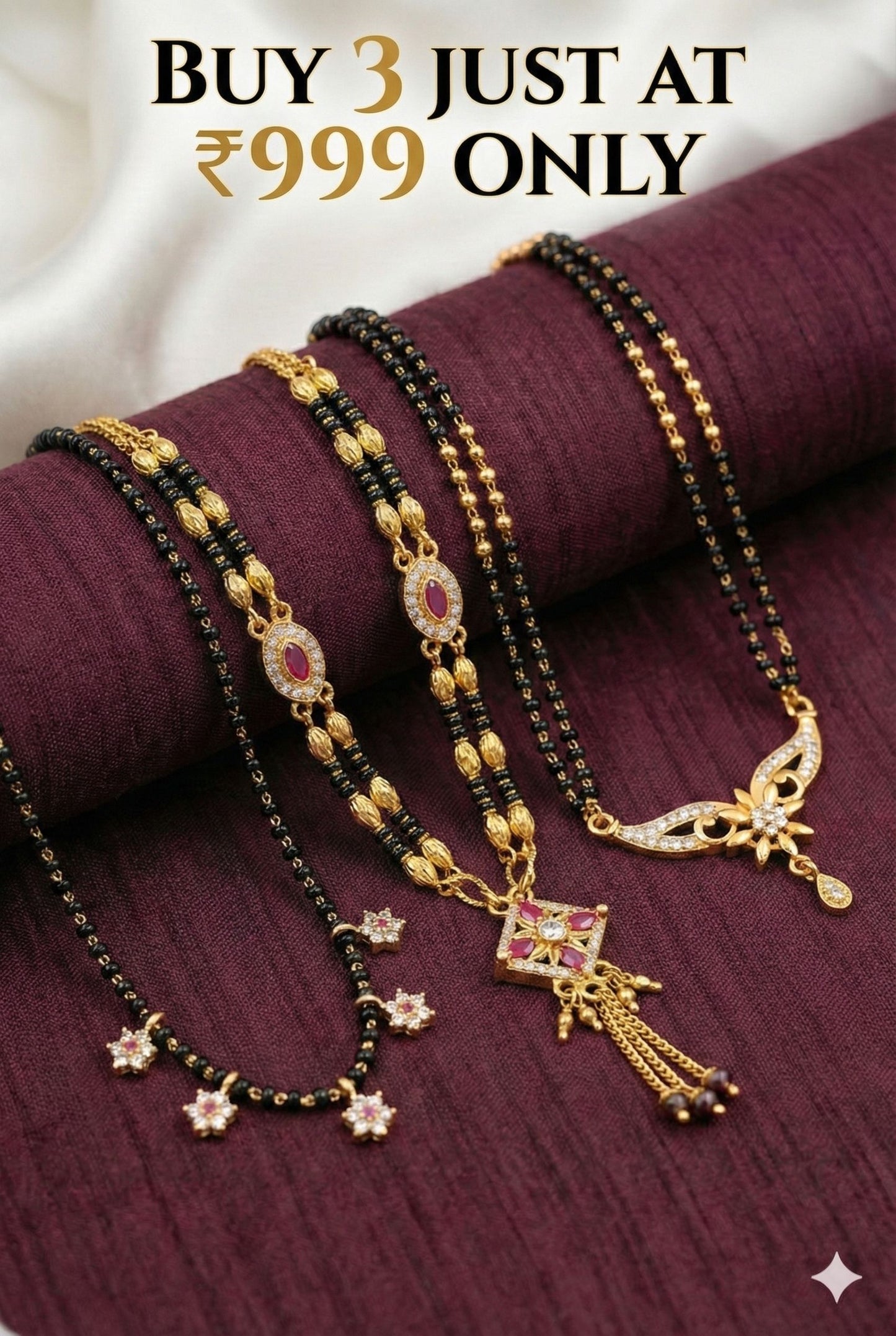 Micro Gold Plated And Diamond Studded Fancy Pack Of 3 Designer Mangalsutra