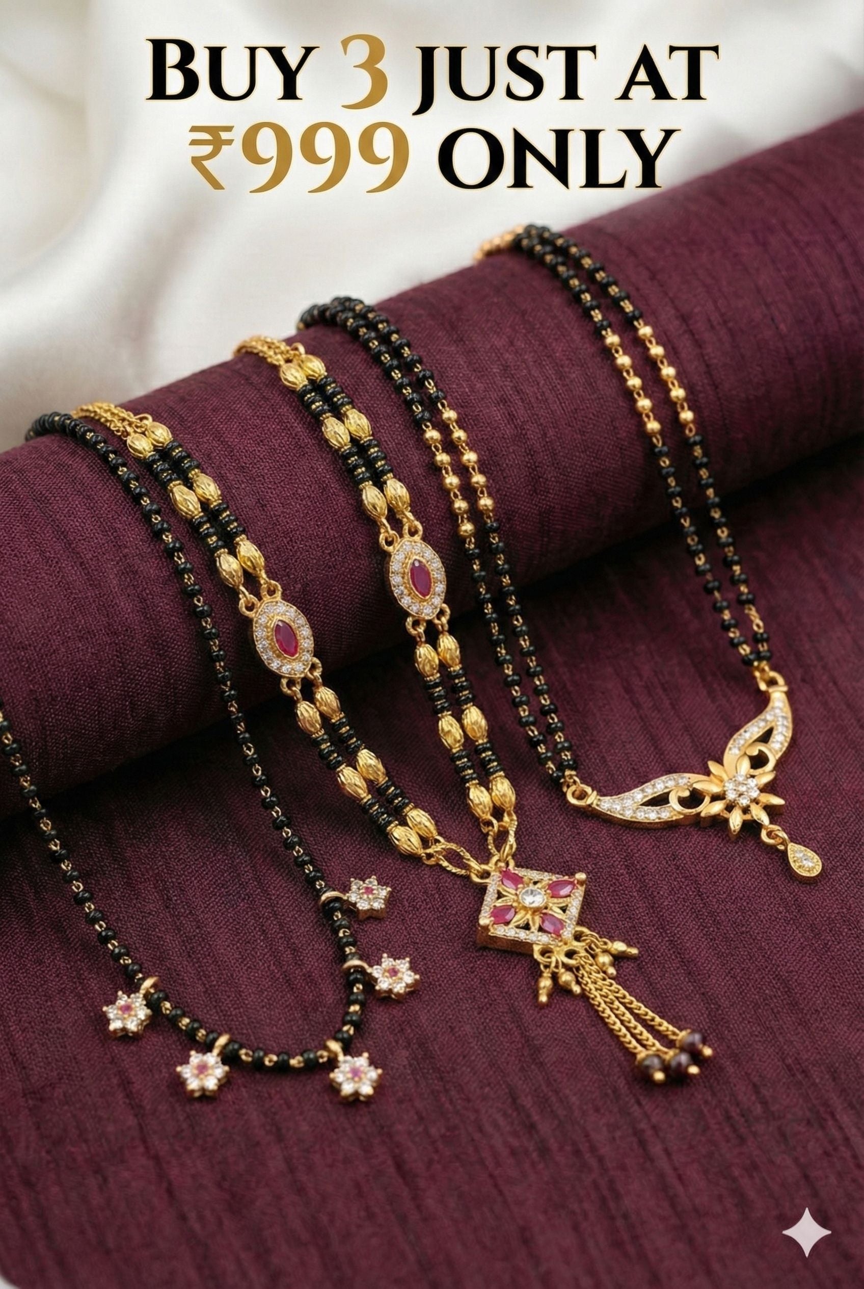 Micro Gold Plated And Diamond Studded Fancy Pack Of 3 Designer Mangalsutra
