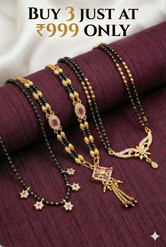 Micro Gold Plated And Diamond Studded Fancy Pack Of 3 Designer Mangalsutra
