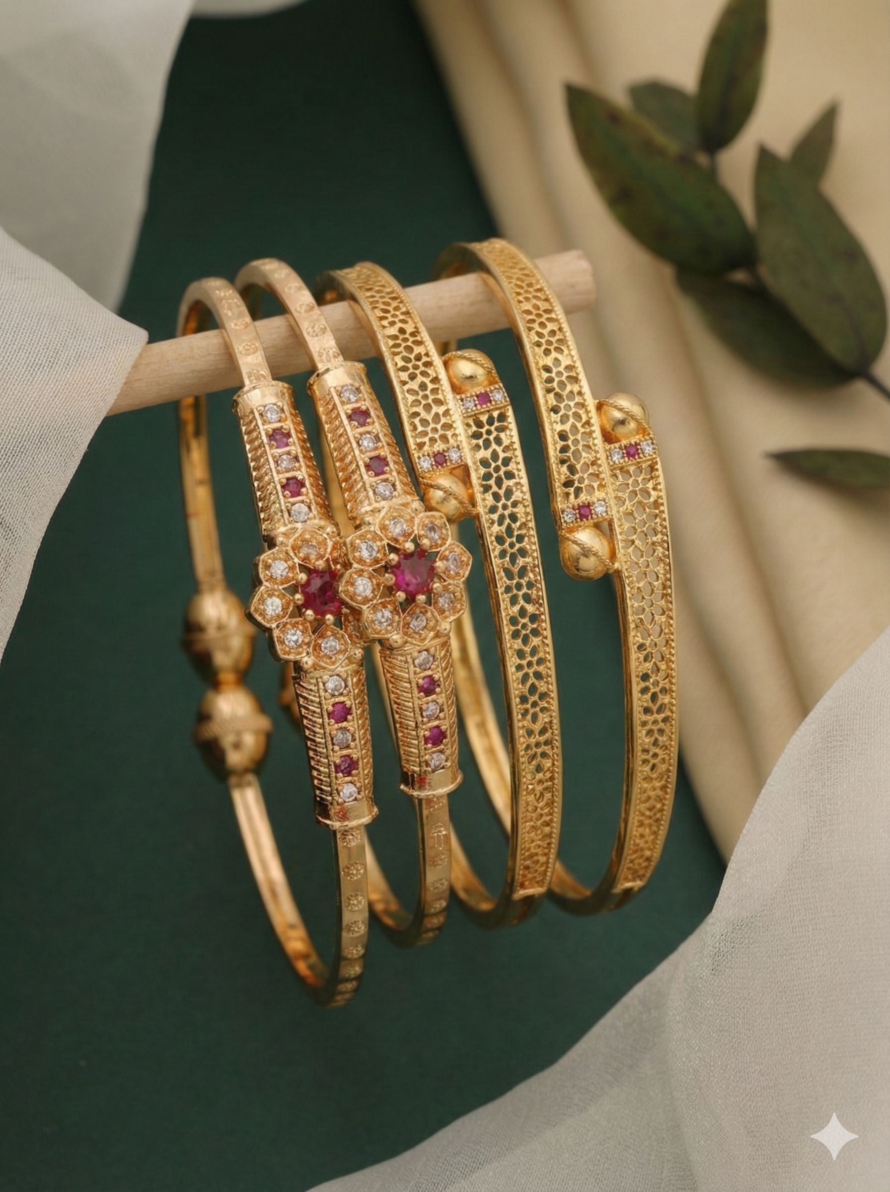 Micro Gold Plated And Diamond Studded Floral Designer Bangle Set (Pack Of 2)