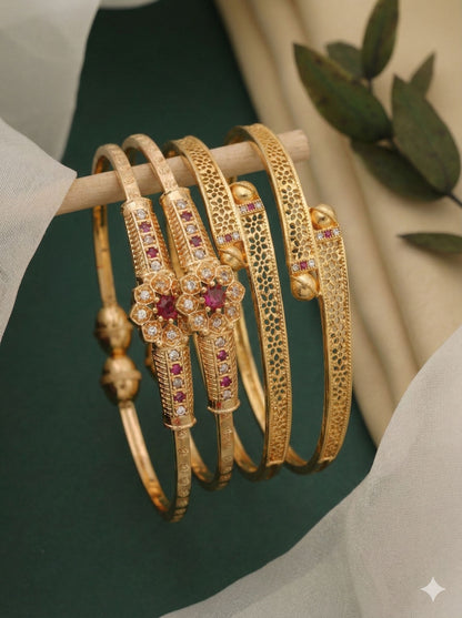 Micro Gold Plated And Diamond Studded Floral Designer Bangle Set (Pack Of 2)