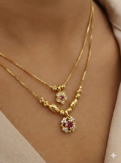 Micro Gold Plated AD Diamond Studded Ruby Floral Dual-Layer Pendant Necklace