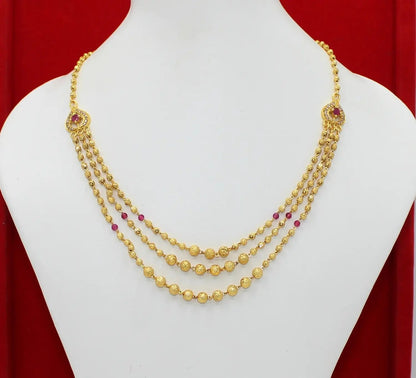 Royal Ruby Triple Layer Gold Bead Necklace