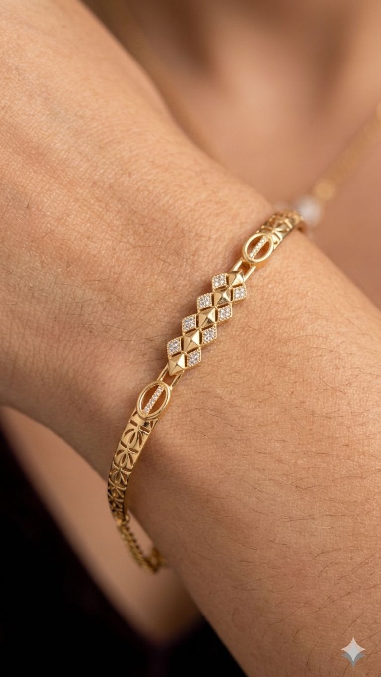 Elegant Gold-Plated Floral Link Bracelet with AD Stone triangle shape adjustable bracelet