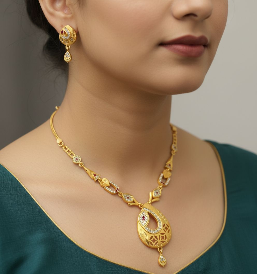 Micro Gold Plated And  Diamond Studded Fancy Oval  Pendant Set with Earring