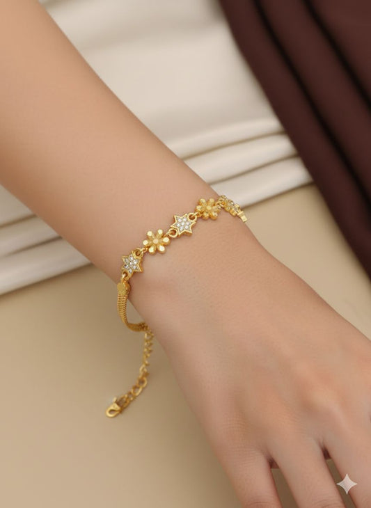 Micro Gold Plated And Diamond Studded Fancy Flower Bracelet