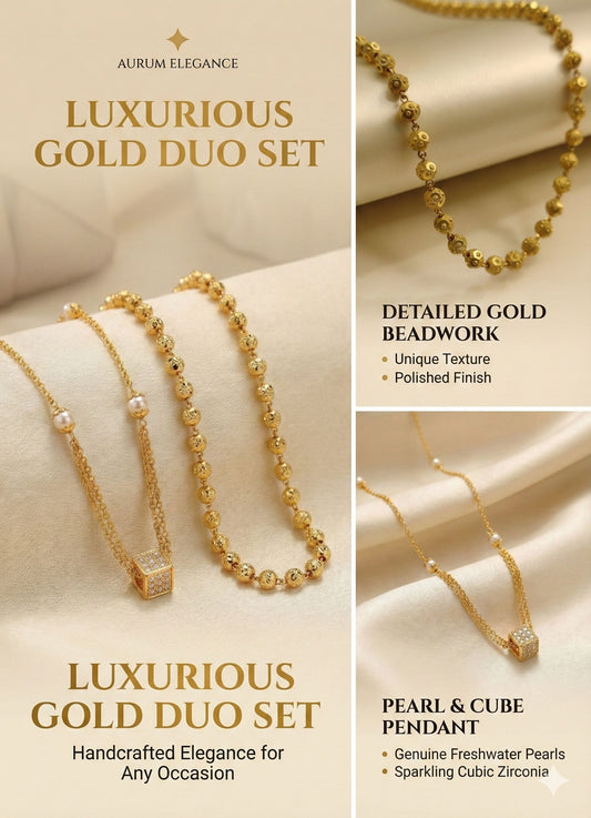 Micro Gold Plated And Diamond Cube Pendant Chain with Gold Beaded Long Ball Mala