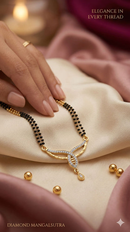 Elegant Diamond Curve Mangalsutra with Dual Black Bead Chain & Drop Charm