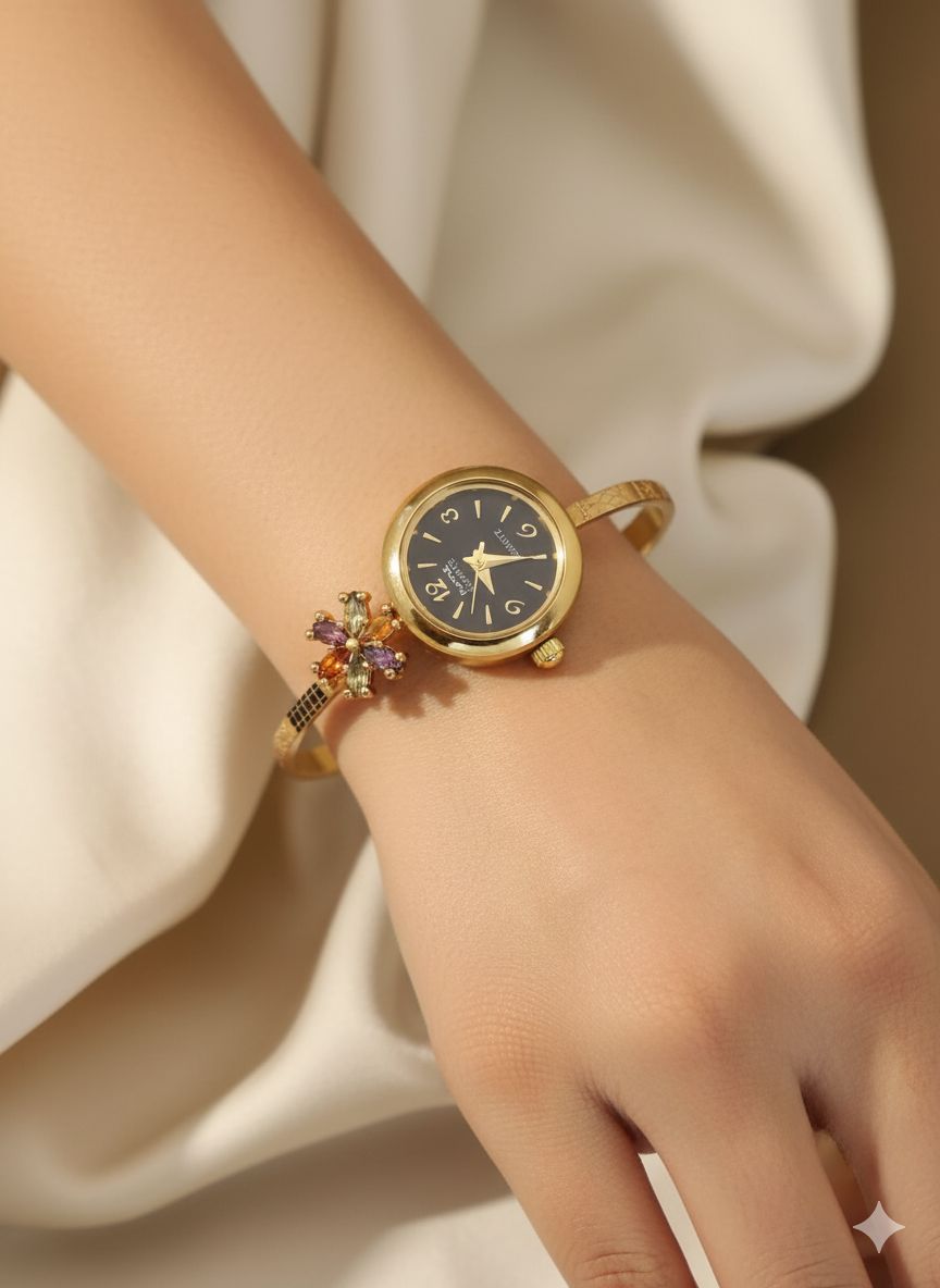 Gold Plated And Diamond Fancy Adjustable Black Flower Watch