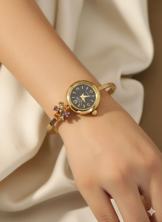 Gold Plated And Diamond Fancy Adjustable Black Flower Watch