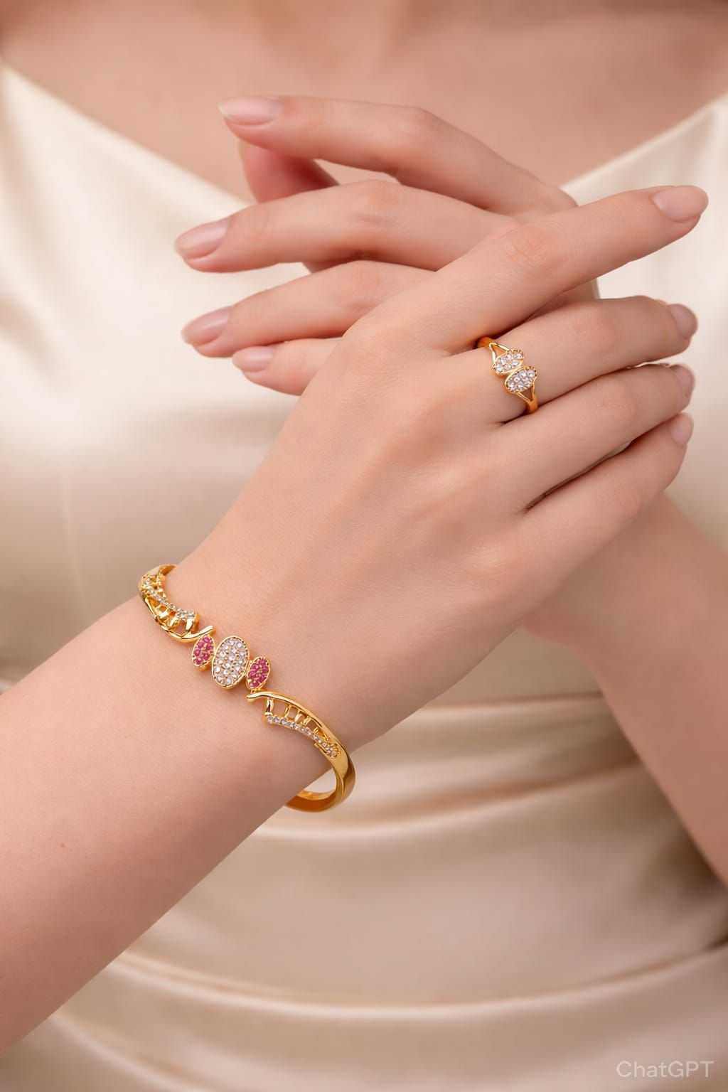 Elegant Ruby Spark Gold Plated Bracelet & Dual Heart Ring Combo
