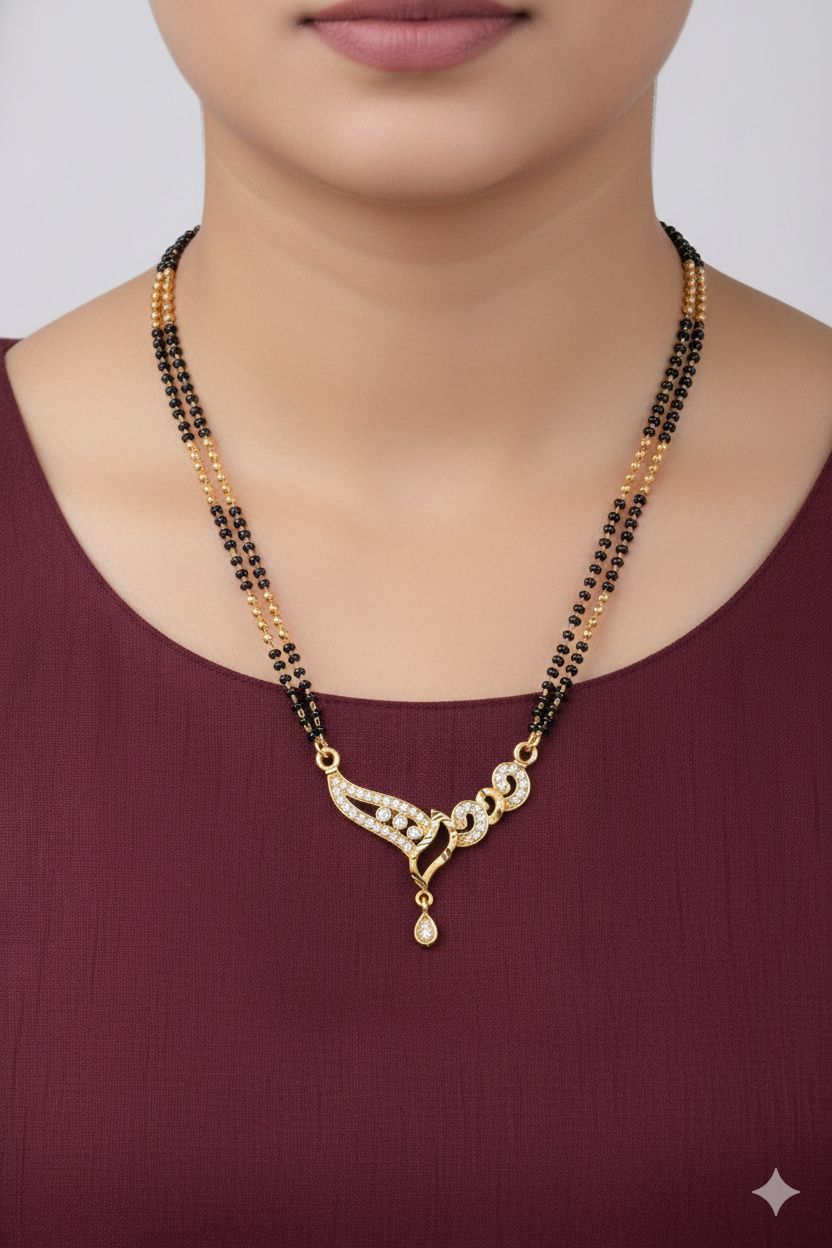 Micro Gold Plated And Diamond Designer Mangalsutra with Curved Pendant(24 Inches)