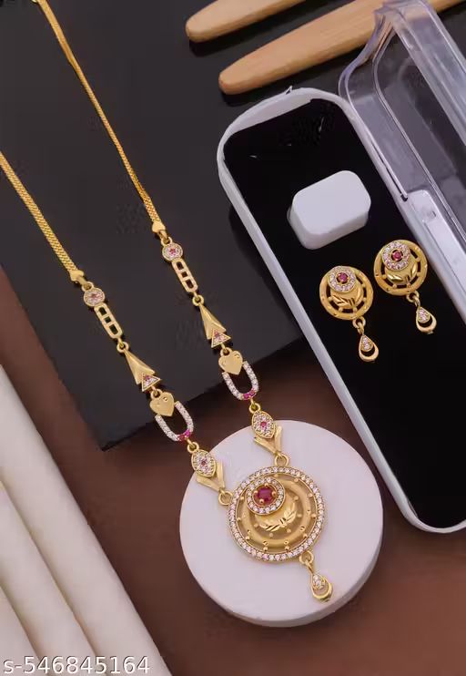 Micro Gold Plated Daily Wear And Diamond Studded Fancy Flower Moon Design Forming Necklace with Earring