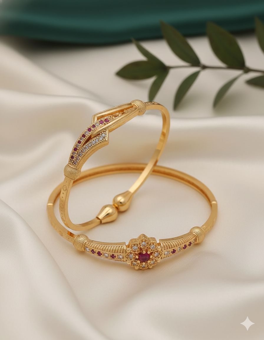 Micro Gold Plated Daily Wear And Diamond Studded Adjustable Bangle Combo For Women