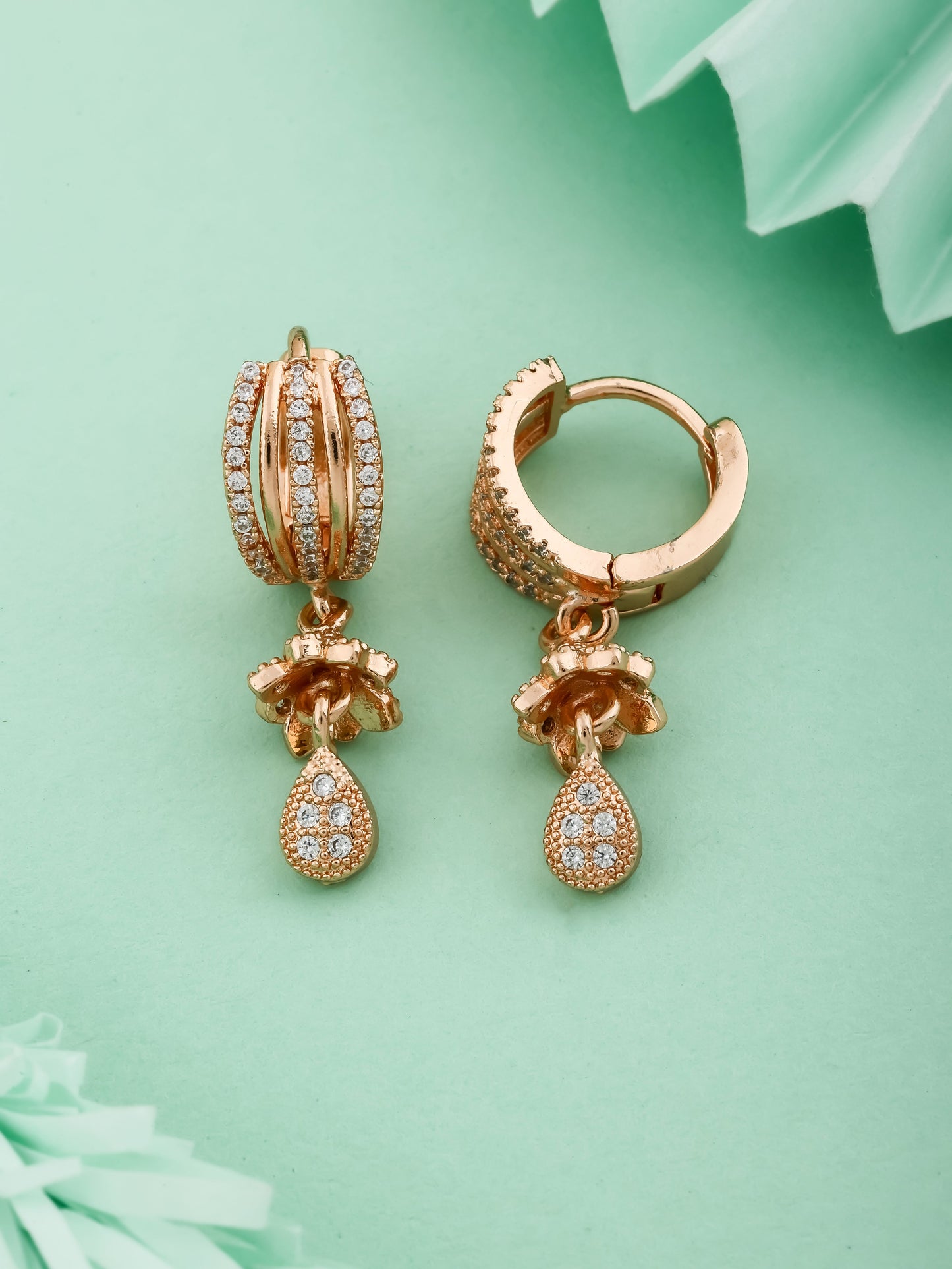 Stylish Designer Rose Gold Finish And Diamond Hanging Bali Earrings For Women