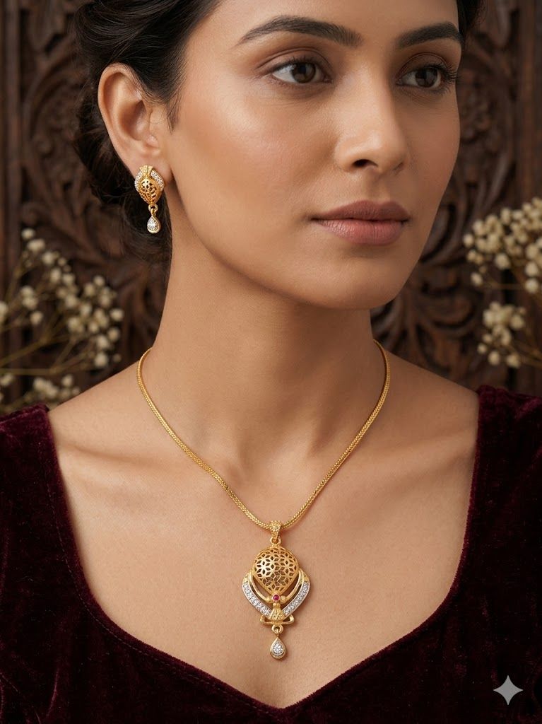 Elegant Gold-Plated Filigree Pendant Necklace Set with AD Stone Drops with 18 inches chain