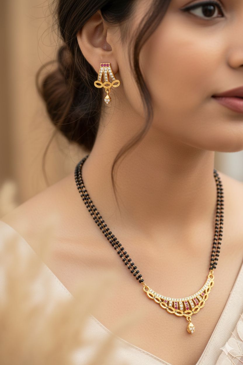 Elegant Curved AD Diamond & Ruby Stone Gold-Plated 24 inches Mangalsutra with earring