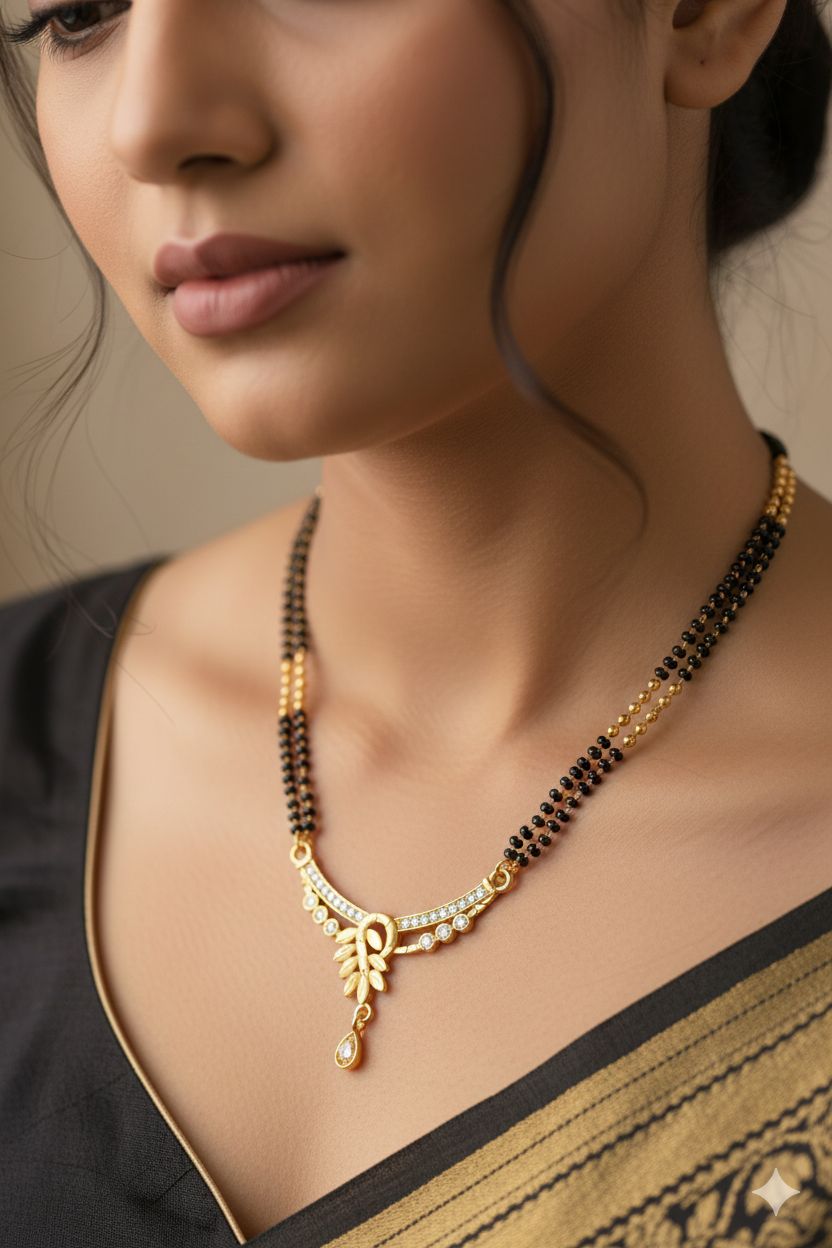 Micro Gold Plated And Diamond Leaf Design 24 Inches Mangalsutra with Drop Pendant