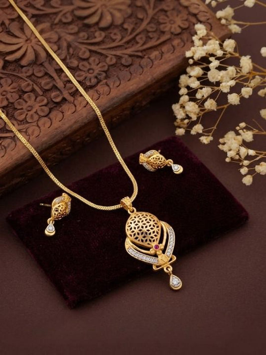 Elegant Gold-Plated Filigree Pendant Necklace Set with AD Stone Drops with 18 inches chain