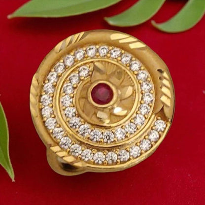High Gold Plated Circular Ad Diamond Adjustable Ring With Ruby Center