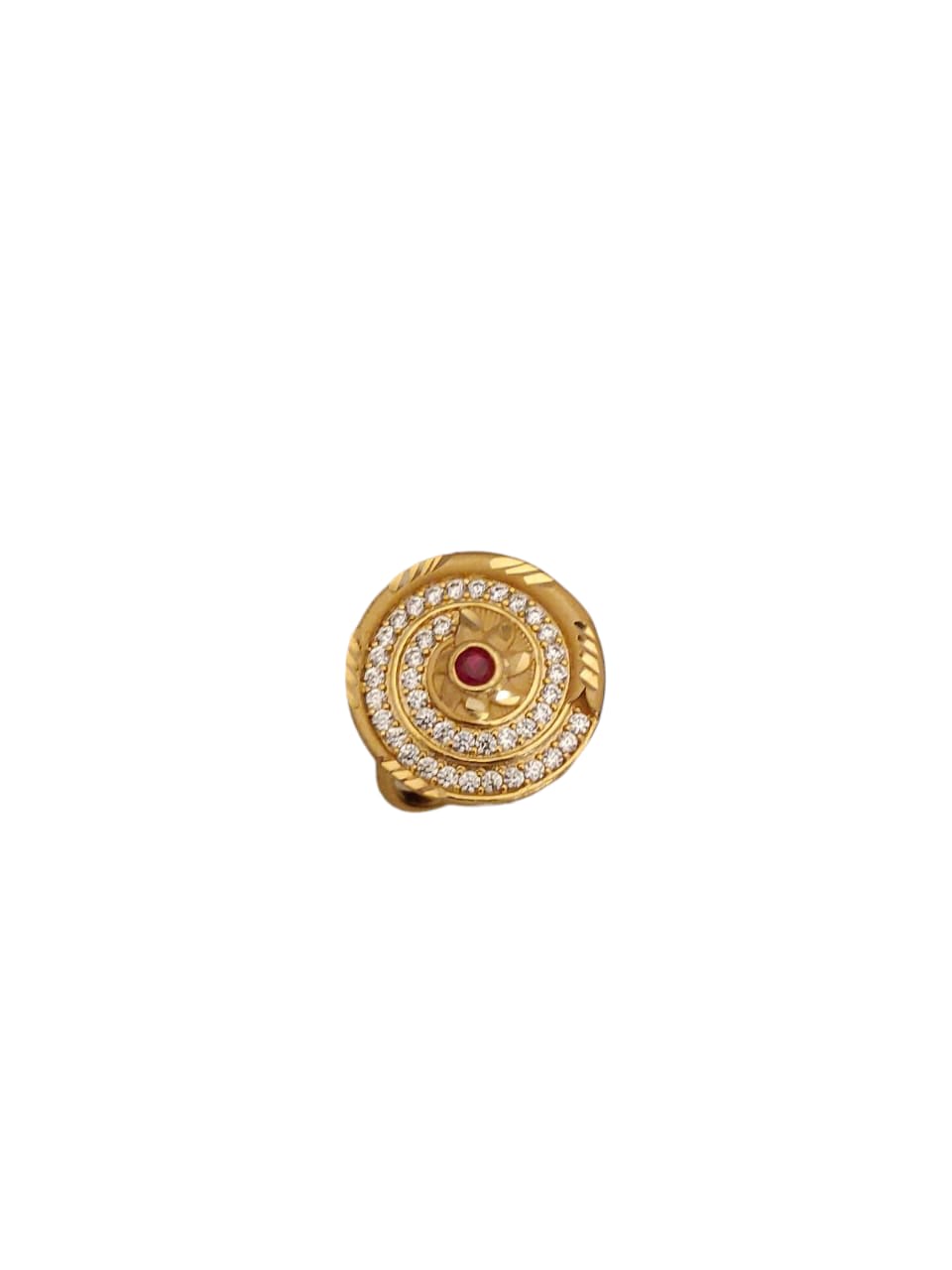 High Gold Plated Circular Ad Diamond Adjustable Ring With Ruby Center