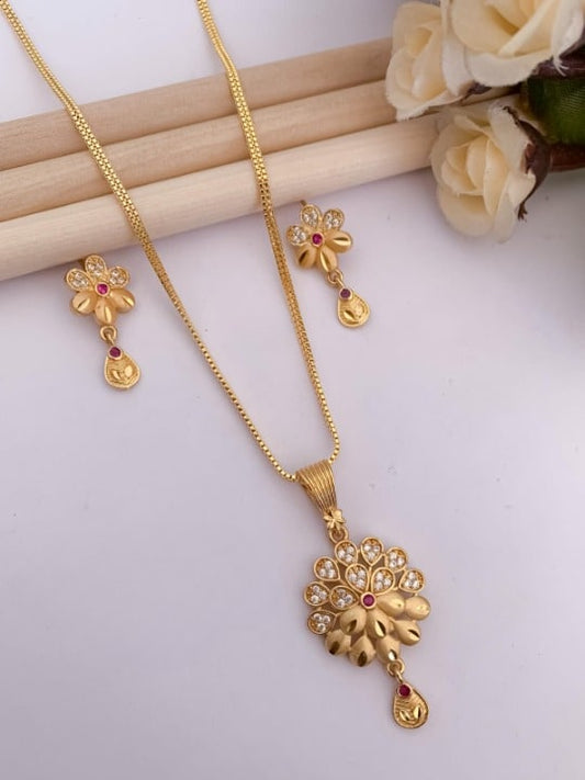 Micro Gold Plated AD Diamond Studded Fancy Flower Pendant Set with Chain